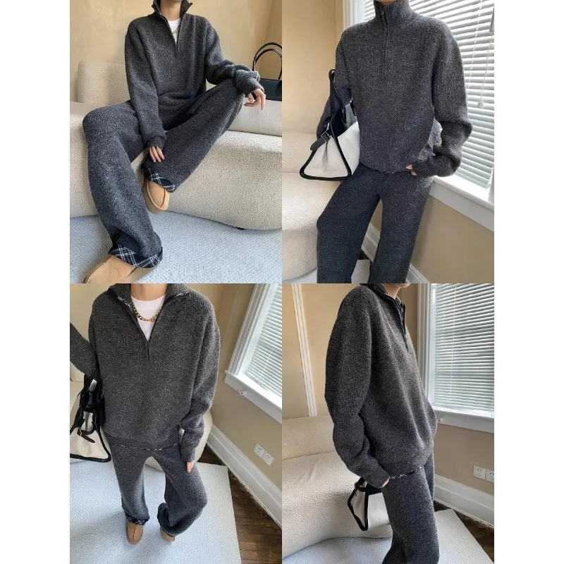 Sinan Casual Style Plaid Patchwork Half Zipper Knitted Sweater Straight Leg Pants Set SN6940