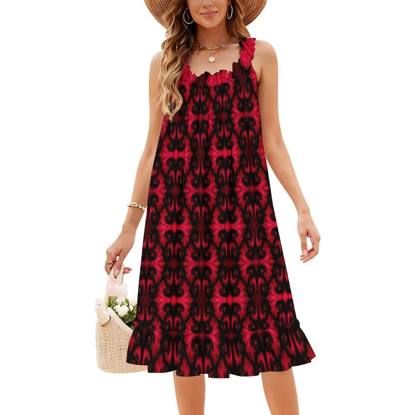 فستان أسود وأحمر كسورية نارية مجردة على شكل قلب فستان أنيق للحفلات الصيفية للنساء كسورية نارية باللونين الأسود والأحمر