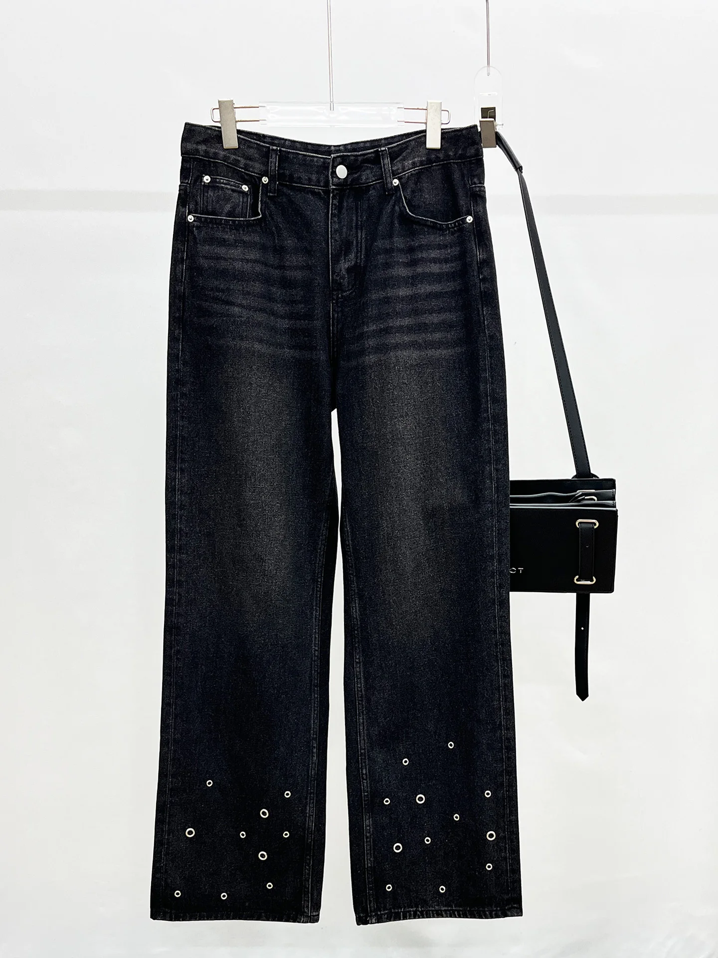 

Retro American High Street Loose Straight Bla Jeans Heavy Metal Decoration Casual Comfortable Autumn Long Trousers for Youth