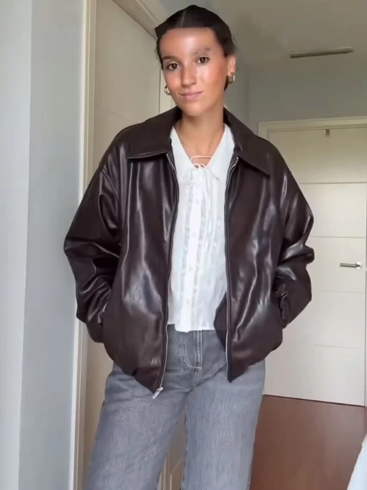 HH Women's Autumn Vintage New Faux Leather Pilot Lapel Collar Jacket Female Fashion Versatile Zipper Pocket Warm Casual Coat