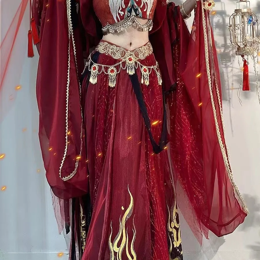 Exotische Godin Dunhuang Red Fire Festival Arabische Prinses Kostuums voor Cosplay Party Halloween Indiase Buikdans Jurk Hanfu