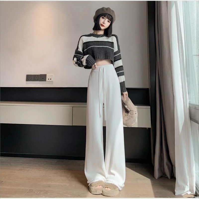 Loose Pants Women Autumn Winter 2023 Fashion Casual Drawstring Wide Leg Pants Chic High Waisted Straight Knitted Pants