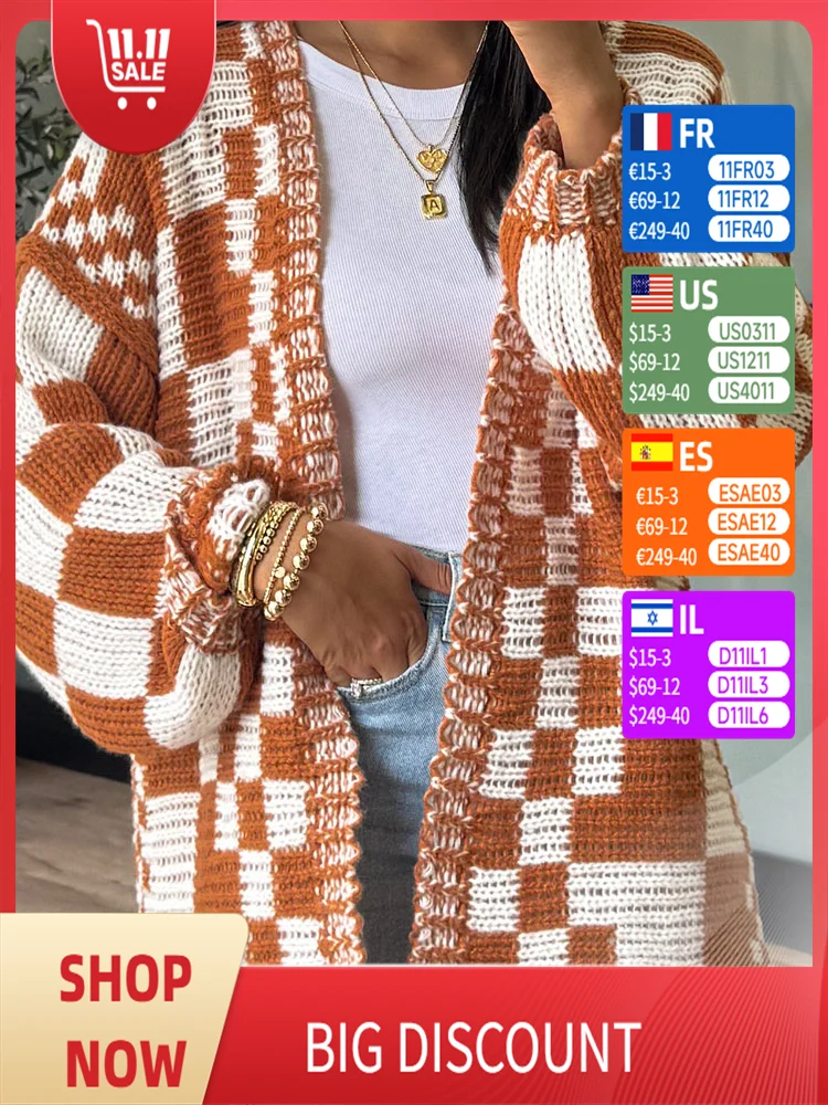 

New Ladies Fashion Crew Neck Plaid Cardigan Jacket Knitwear Stitching Buttonless Loose Cardigan Sweater Women's 3 Colors 2024