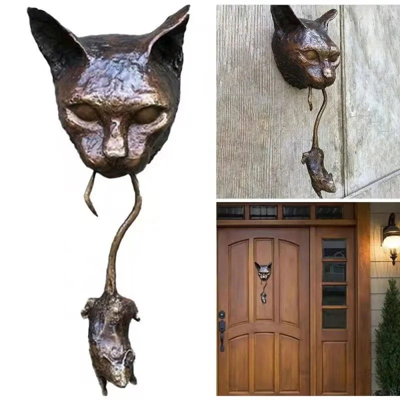 Cat and Mouse Wall Hanging Door Knocker Resin Animal Statue Door Ring Rusty Cast Art Wall Ornament for Home Door Outdoor Garden