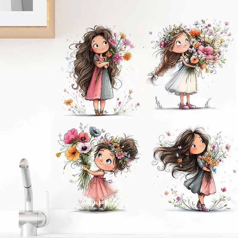 Girl with Flowers Wall Sticker Baby Kids Room Decoration Mural Self-adhesive Bedroom Home Wallpaper Nursery Decor Decals S932