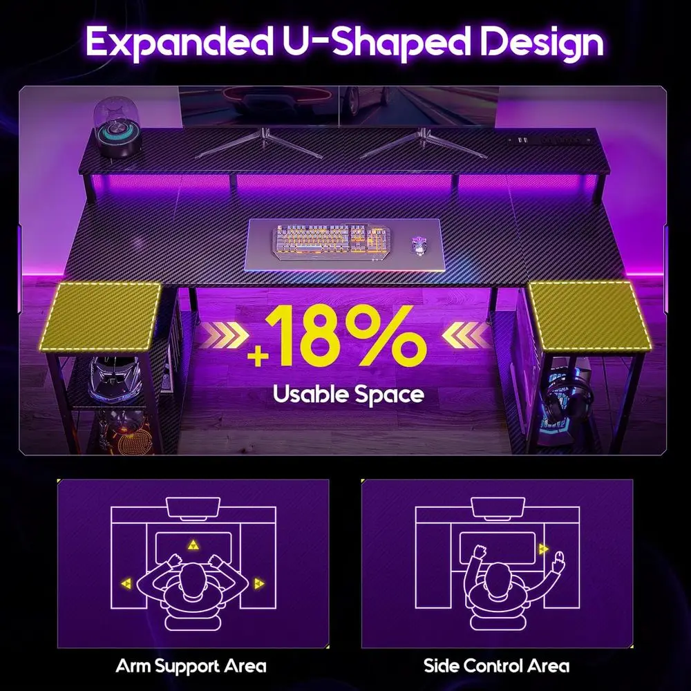 مكتب ألعاب من ألياف الكربون على شكل حرف U، 55 مصباح LED مع مخرج طاقة، وحامل شاشة للتخزين لألعاب الكمبيوتر أو المكتب المنزلي #5