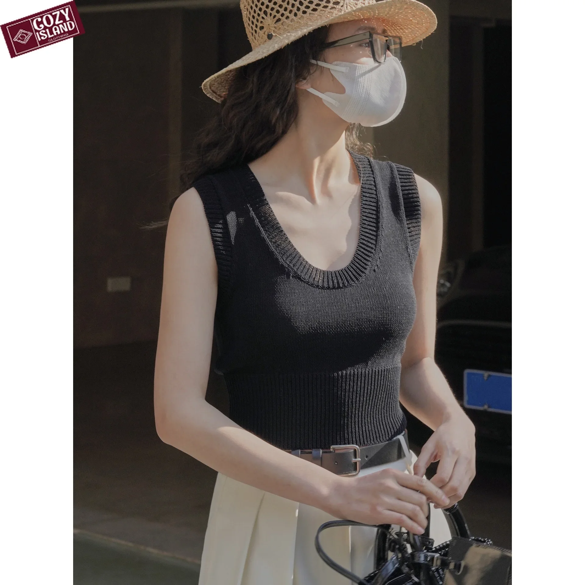 Spring Summer U-neck Knitted Vests Women Short Tanks Camis Retro Tops Comfortable Skin-friendly Dry Cool Slim Fit Tees Crop Tees