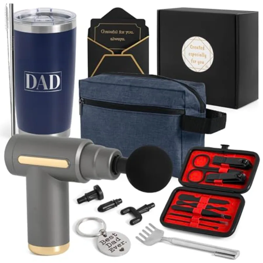 

Подарочный набор для папы класса люкс с массажным пистолетом для глубокого массажа тканей, 7 предметов, включает термокружку 20 унций, косметичку и набор для ухода.