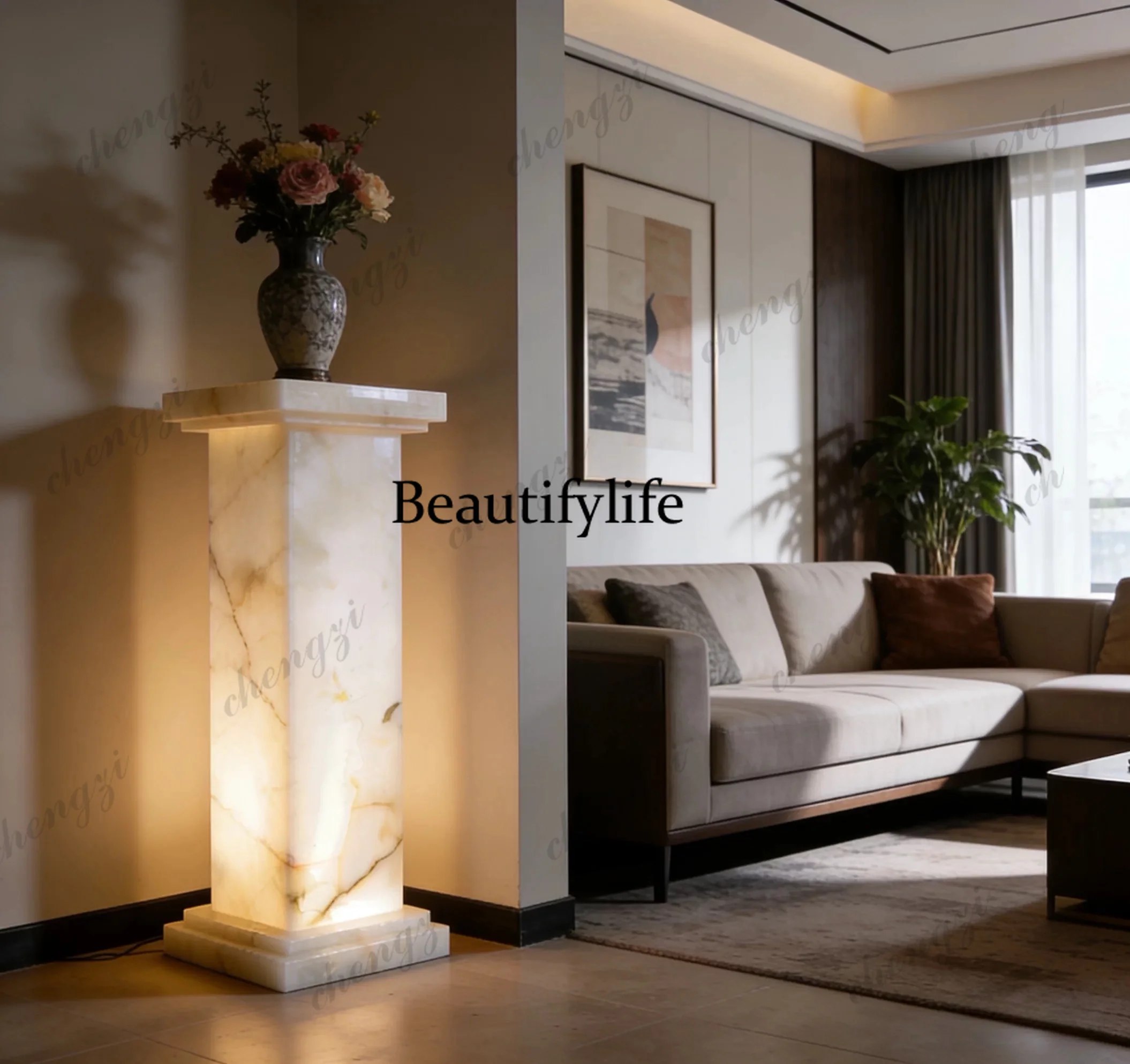Natural jade, column, living room entrance floor, light luxury decoration, vase sculpture display stand