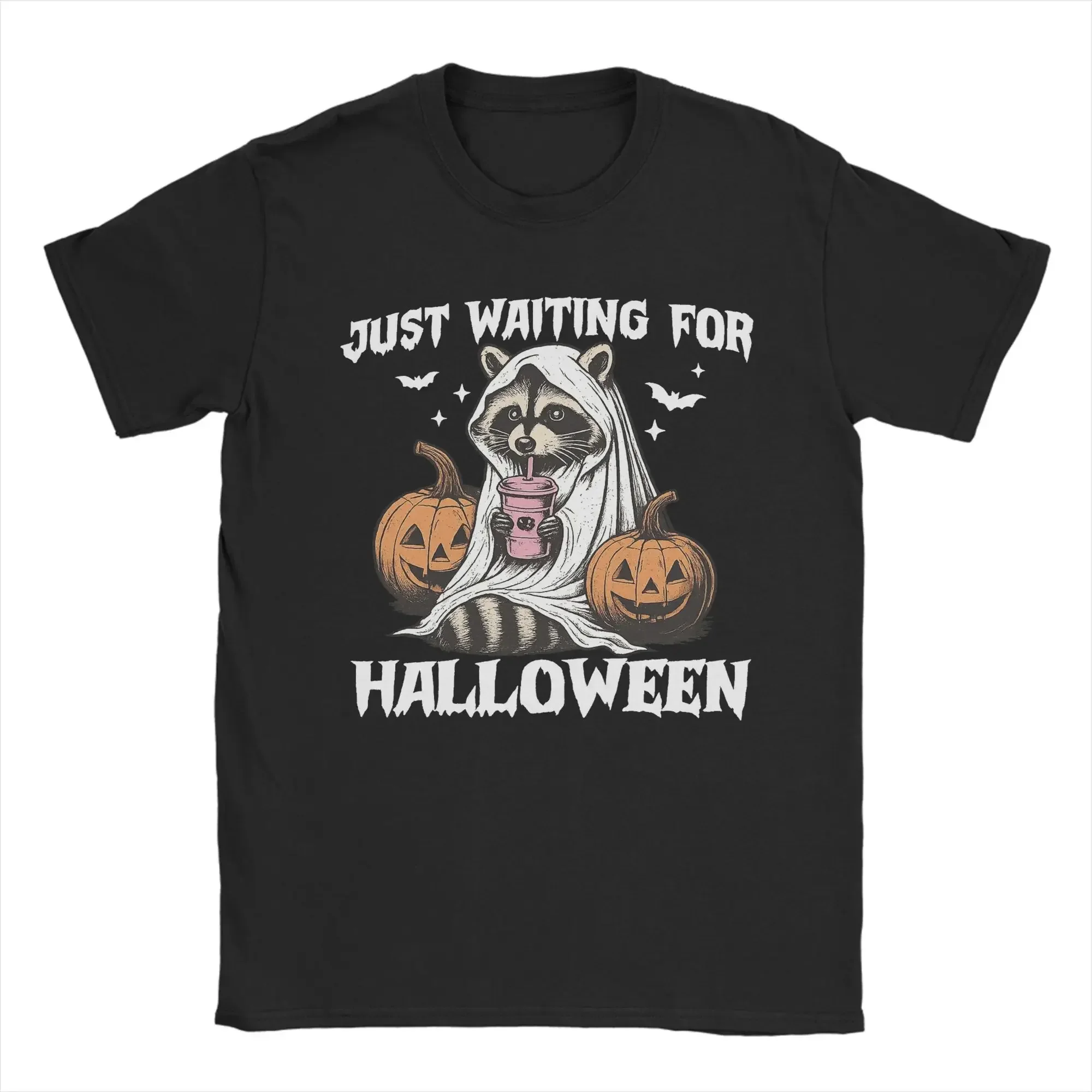 تي شيرت Just Waiting For Halloween بأكمام قصيرة 100% من القطن الخالص على شكل يقطين وراكون مطبوع للرجال بأكمام قصيرة #1