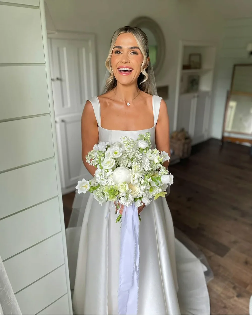 Customized Satin Wedding Dresses 2026 Square Neck Bridal Gown High Slit A Line  Bridal Gown Simple Modern Bride Dresses
