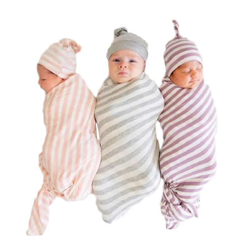 2pcs/Set Baby Swaddle And Beanie New Born Blanket Stripe Style Infant Wrap Swaddle