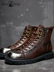 New Fashion Mens Rivets High Tops Motorcycle Biker Ankle Boots Vintage Cowhide Genuine Leather Boots Casual Lace Up Riding Shoes