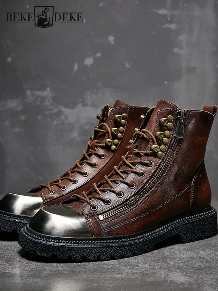 New Fashion Mens Rivets High Tops Motorcycle Biker Ankle Boots Vintage Cowhide Genuine Leather Boots Casual Lace Up Riding Shoes