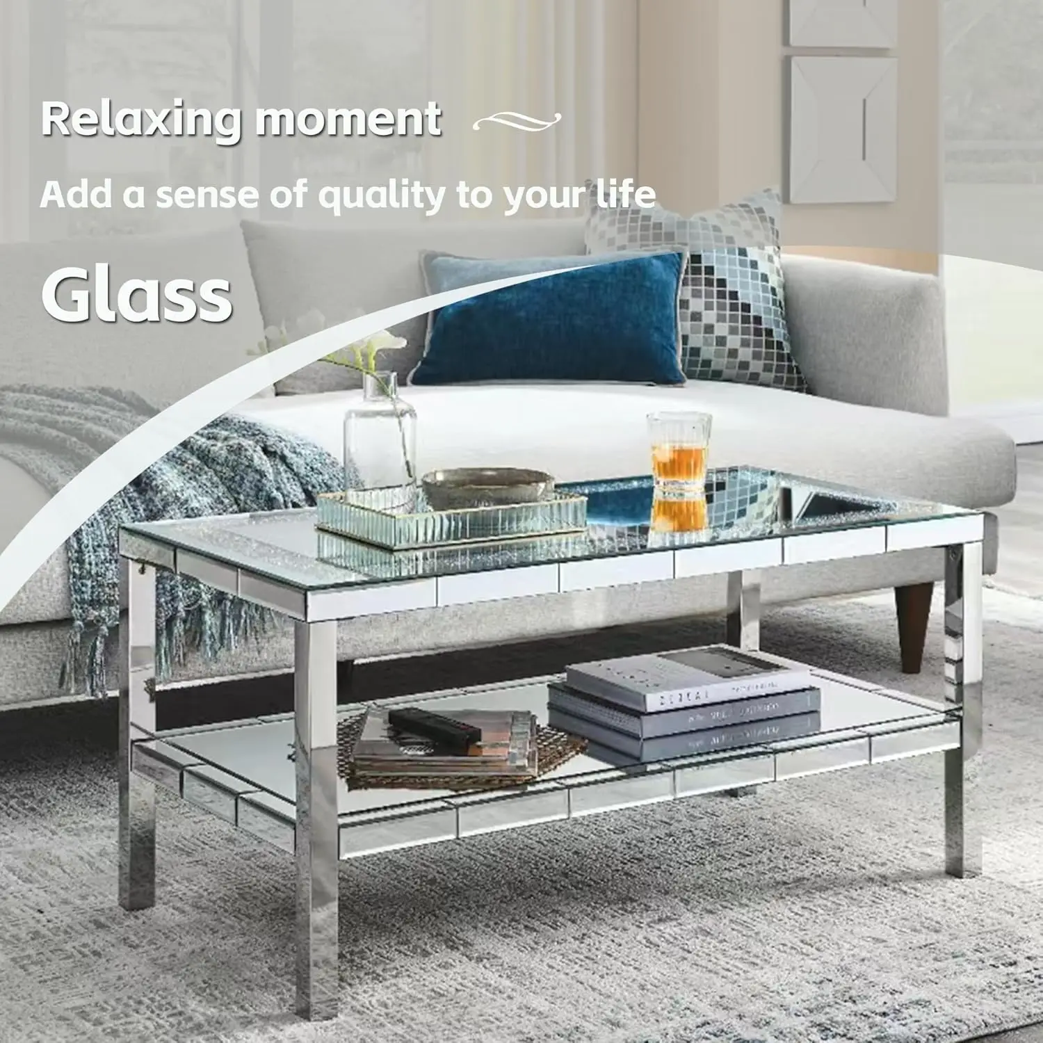 Elegant 2 Tiers of Shiny Silver Mirrored Coffee Table, Crystals Inlay,and Stainless Steel Frame