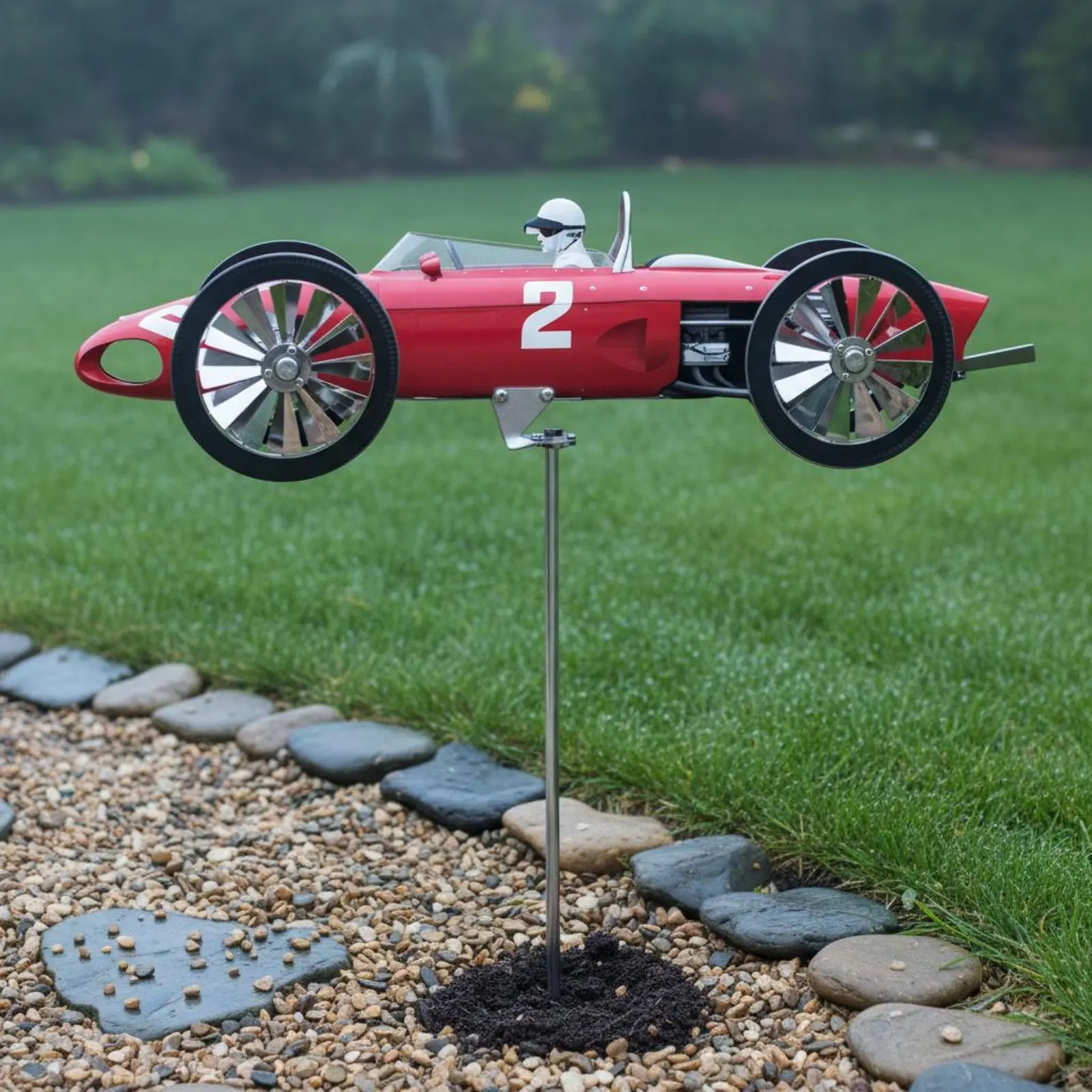 Race Car Wind Whirligig Dynamic Motion Car Garden Whirligig Weather Resistant Metal Windmill Decor for Outdoor, Yard