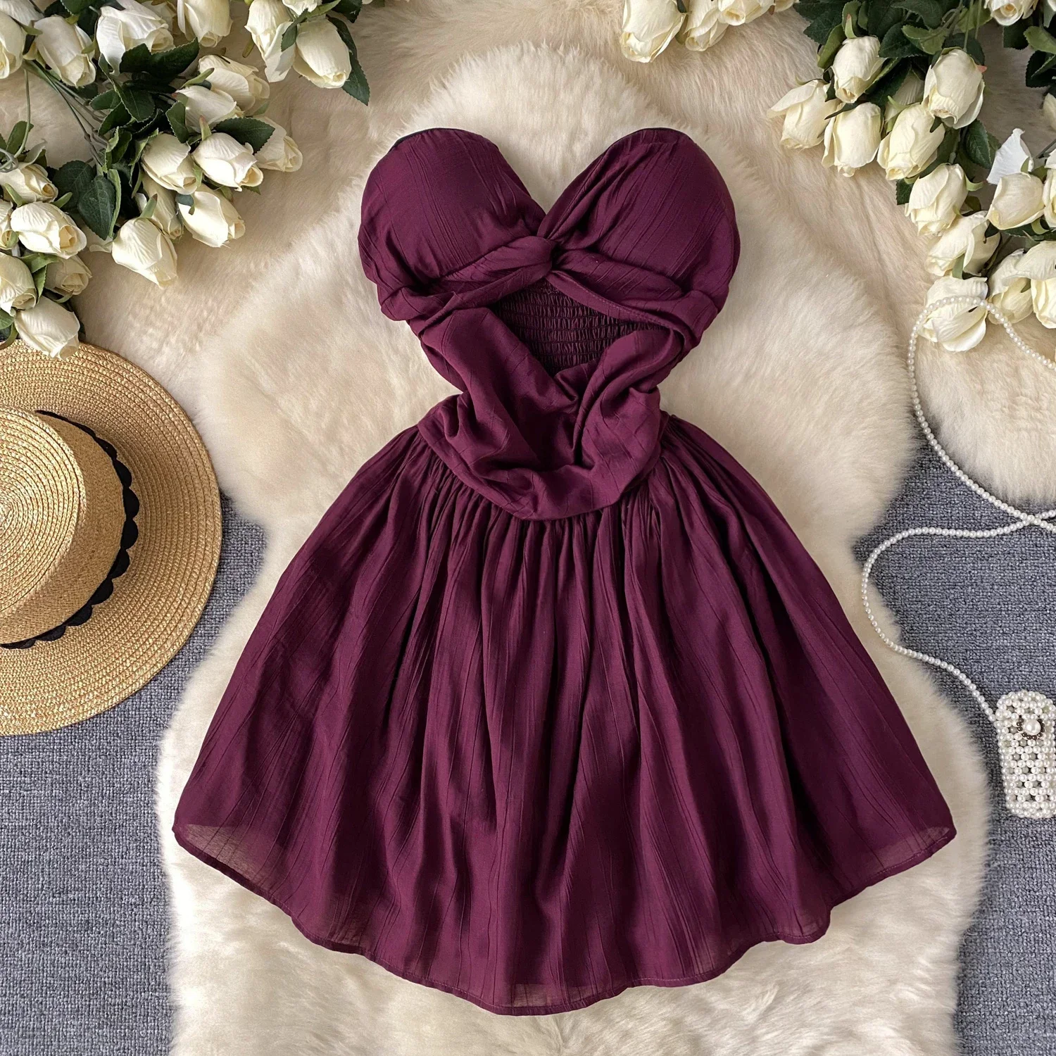 U19 Sweet Memory Sexy Cut Out Off Shoulder Pleated Dress Chic Vintage Evening Party Club Women Chic Summer Puff Dresses