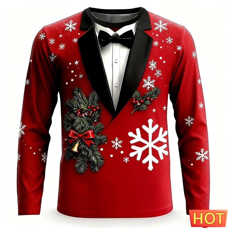 Realistic Red Suit Pattern Christmas T Shirt For Men Funny Holiday Wear 3D Printed Long Sleeve T-shirts Casual Oversized Tees