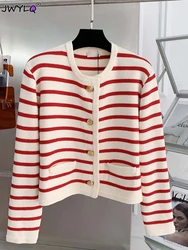 White Red Striped Knitted Sweater Womens 2023 Autumn Short Cardigan Long Sleeve Top Korean Fashion 2 Colors Oversized Sweater