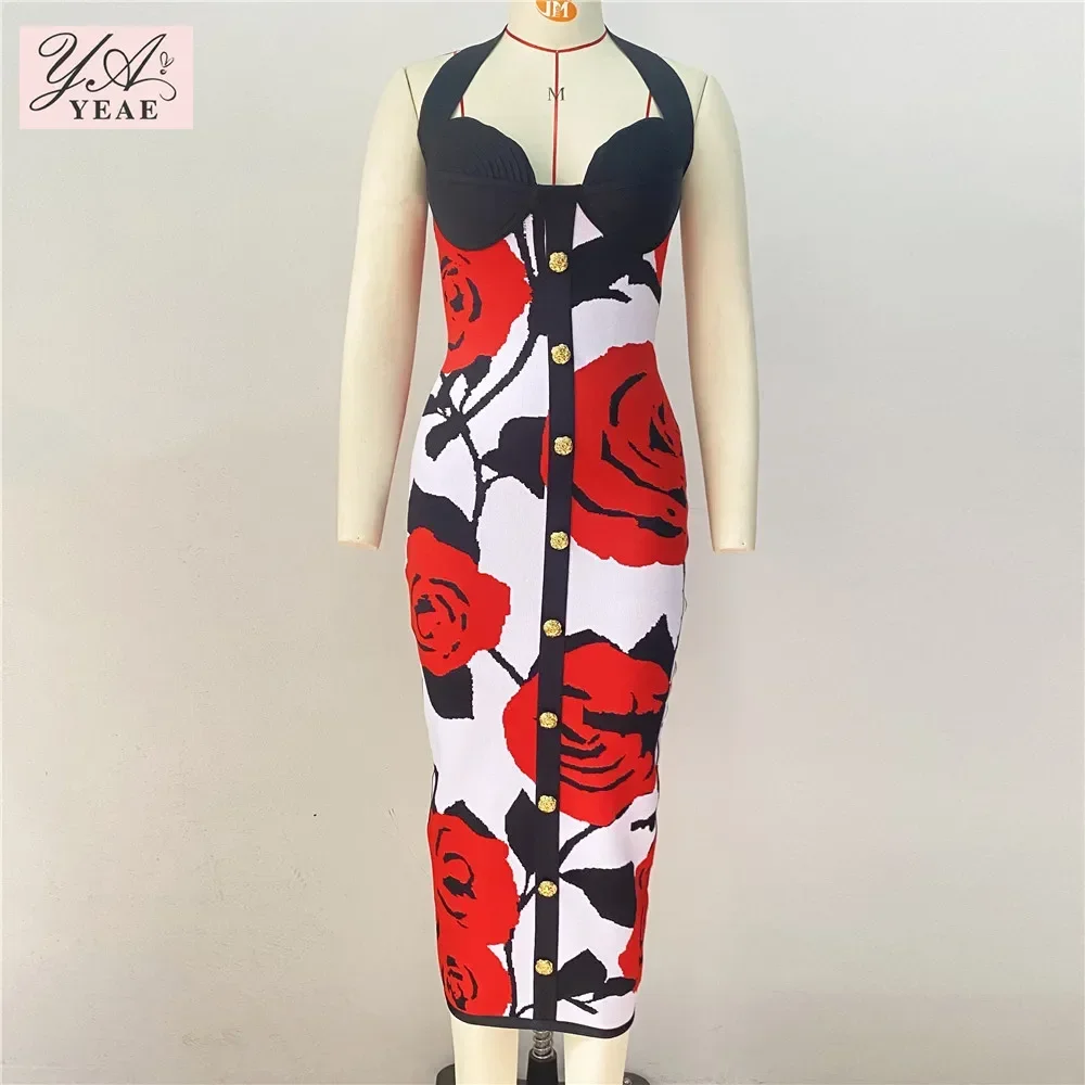 New Summer Women's Sexy Print Rose Jacquard Halter Tight Midi Bandage Dress Elegant Evening Party Dress evening dresses