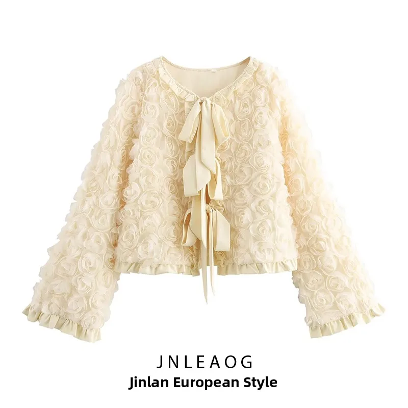 

JNLEAOG Faionable 3D Floral Lace Trim Belted Jaet Women's ort Outerwear round Ne Polyester Fiber All Seasons