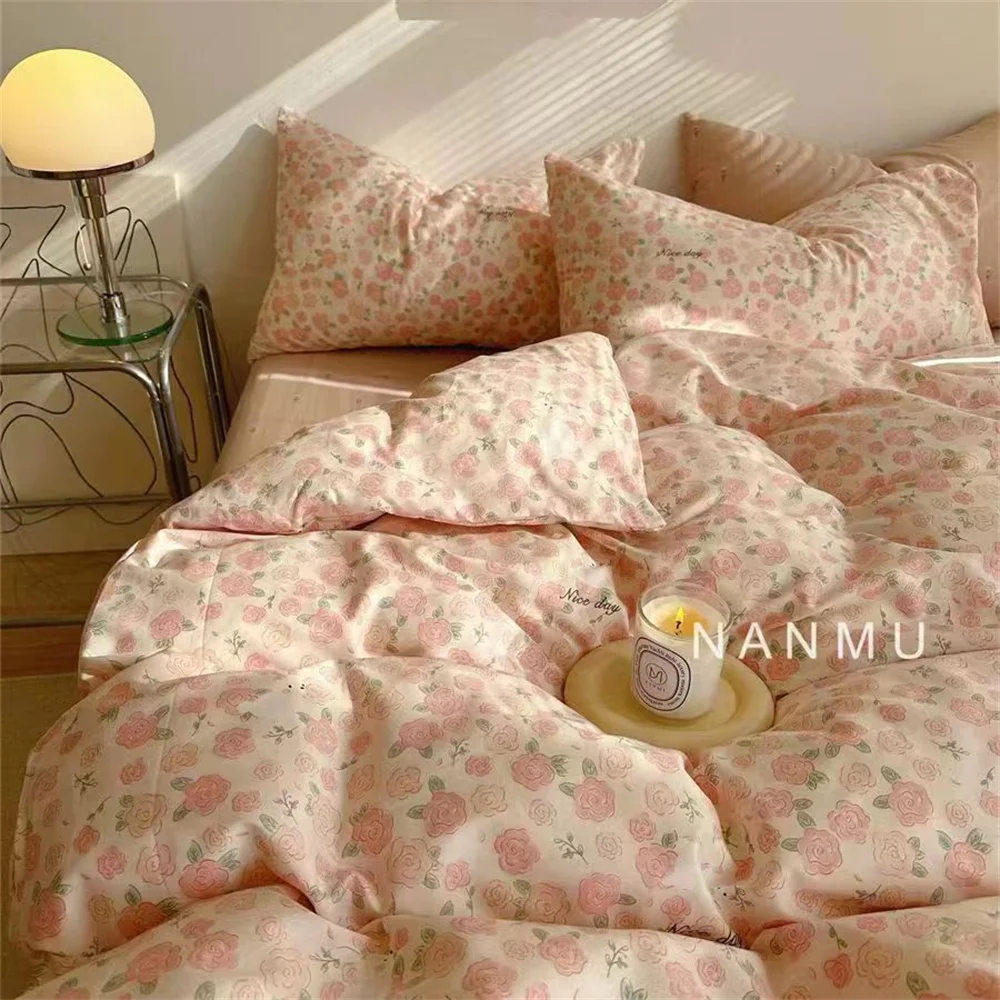 

Romantic Pink Floral Bedding Set Pastoral Duvet Cover and Flat Sheet Pillowcase Girls Woman Soft Bed Linen Spring Home Textile