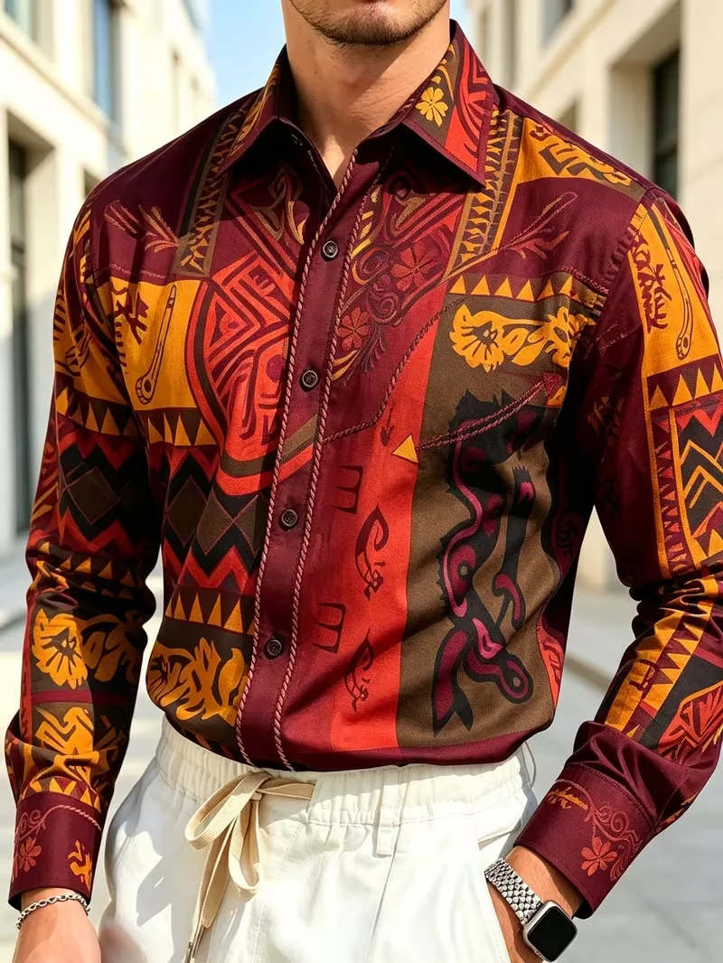 New Starry Sky Mountain Oil Painting Landscape Printed Shirt Art Dreamy Colorful Men's Slim Fit Long Sleeved Shirt