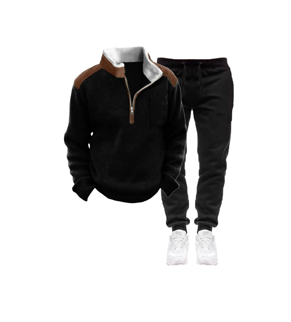 New men's fall/winter sports outfit with half-zip sweater, stand-up collar, 3D top, pure black pants