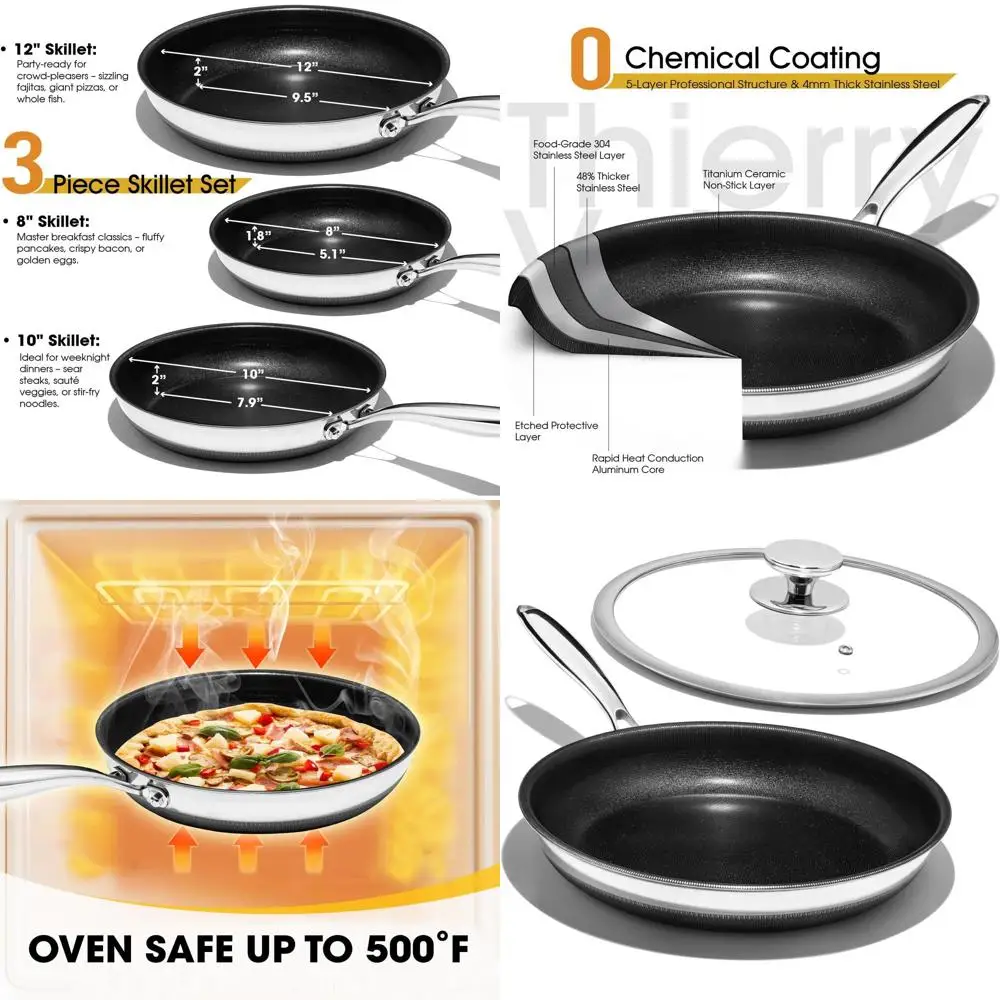 

12 Titanium Ceramic Nonstick Pan Set with Lid, Cool Handle, Safe & Dishwasher/Oven Friendly