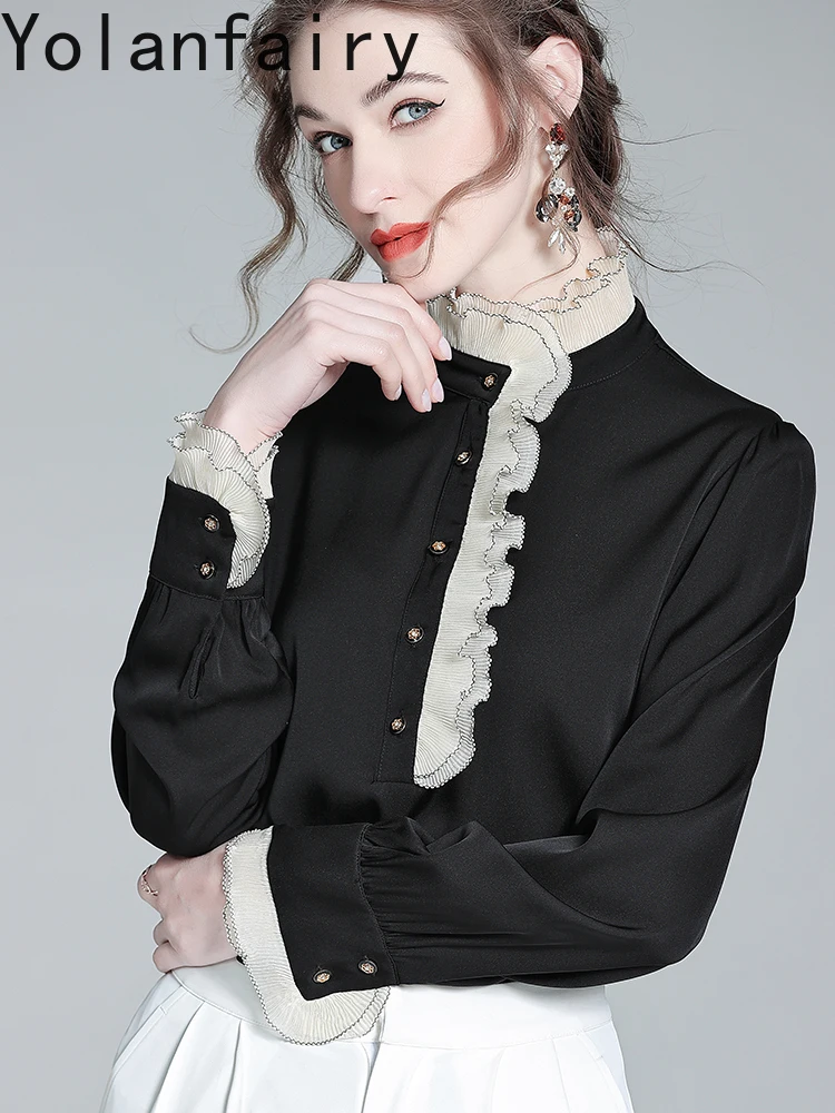 YOLANFAIRY 95% chemisiers en soie de mûrier véritable pour femme automne élégant chemises à manches longues femme Chic haut noir chemisier de Style coréen