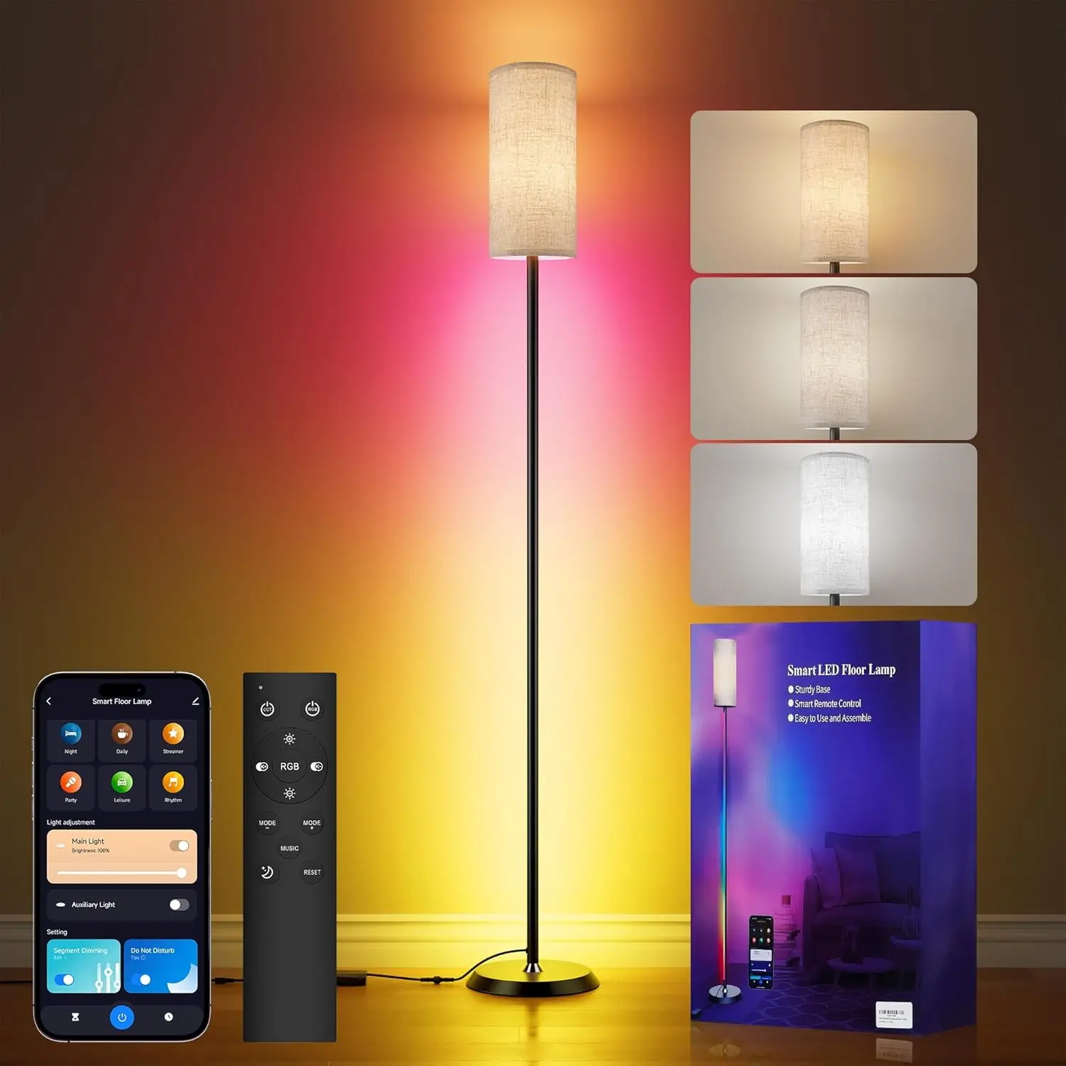 

RGBIC Smart Floor Lamp with 16M Colors, Music Sync, App/Remote Control for Living Room & Bedroom