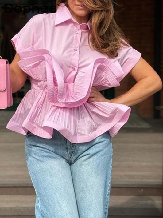 Solid Color Elegant Women's Shirt 2024 Summer New Ruffled Slim Fit Patchwork Slim Short Sleeve Lapel Cardigan Office Lady Tops