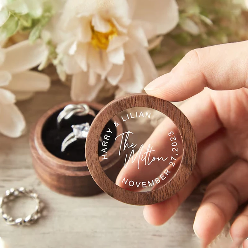 Personalized Wooden Engagement Ring Box Custom Wedding Round Black Walnut Doublt Slot Jewelry Case Anniversary Ring Proposal Box
