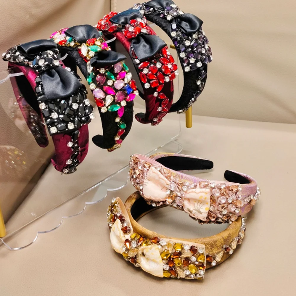 

Retro Baroque Color Diamond Bow Headband Sweet Hair Decorations Headpiece Wash Face Hair Hoop Dinner Party Hair Clip Accessories