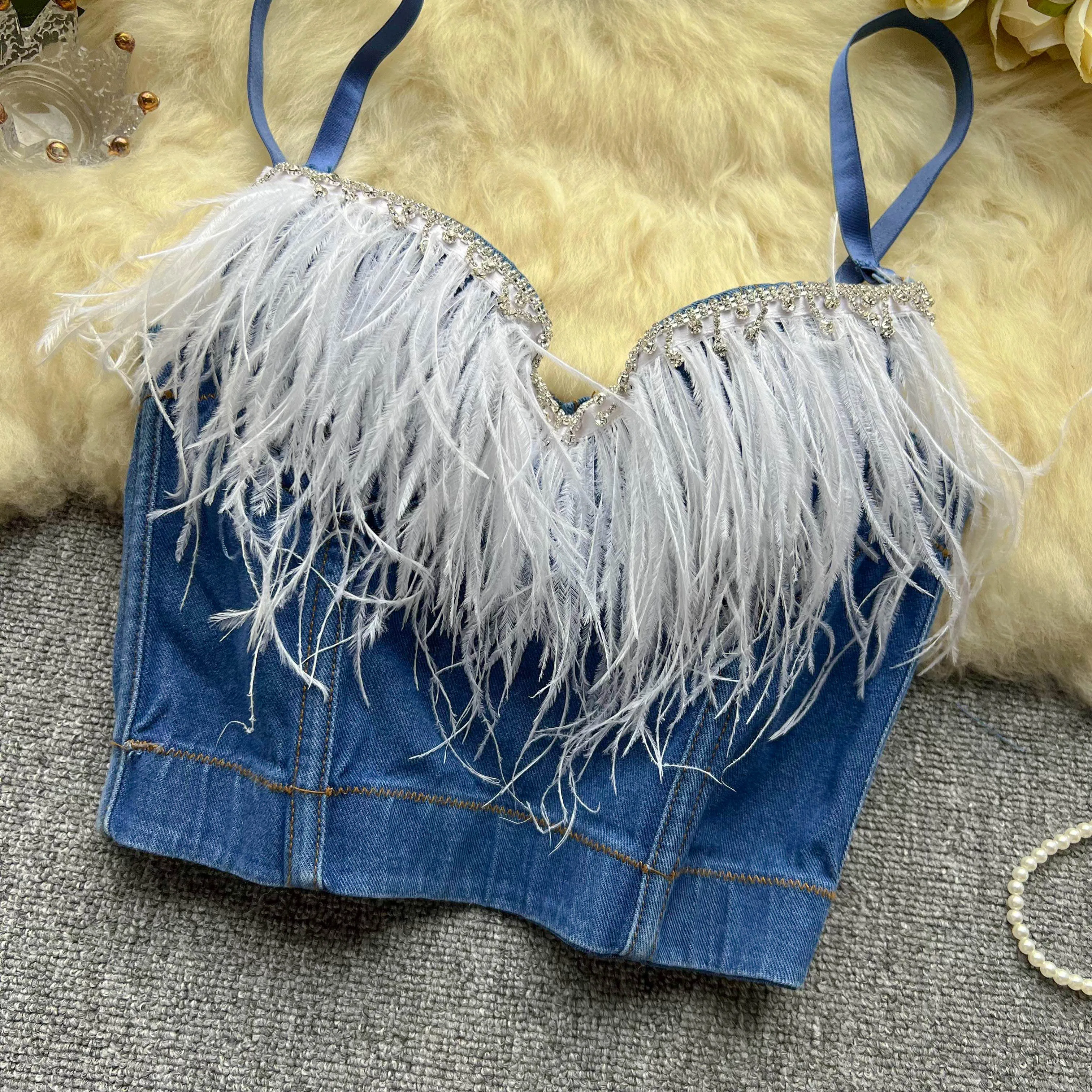 Sexy Diamond Feather Camisole Women Tassel Denim Cropped Suspender Vest Summer Retro Hottie Tank Tops