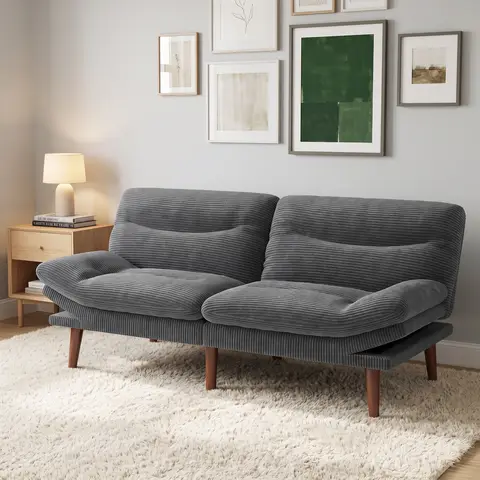 Sofa Bed, 66" Convertible Futon Sofa Bed, Corduroy Folding Futon Set with Adjustable Backrest &Armrests, Recliner Lounge for Living Room, Apartment or Office, Wood Frame, Loveseat Sofa