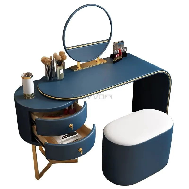 Modern style dresser mirror and feces luxury leather stainless steel mirror makeup table girl with drawers