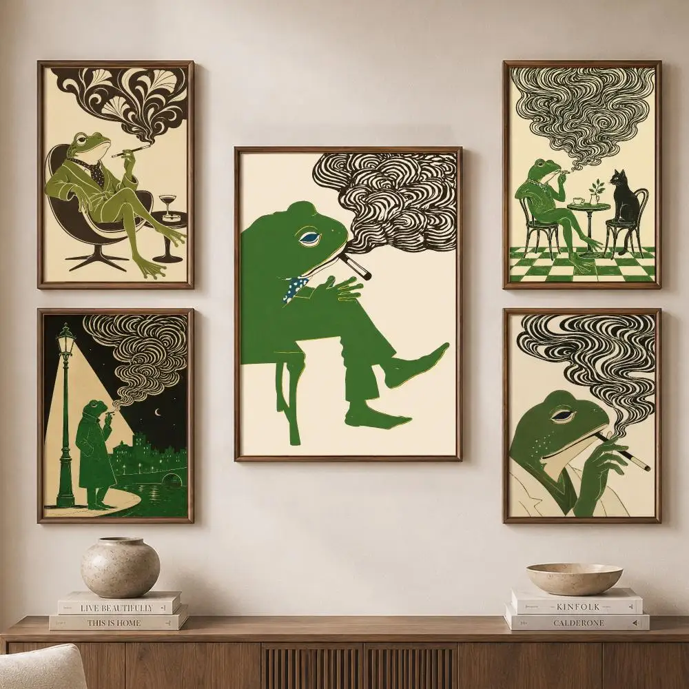 Art Nouveau Frogs Smoke Shadows Green Whimsical Fantasy Poster Modern Aesthetic Wall Art for Home Bar Cafe Bathroom Decor