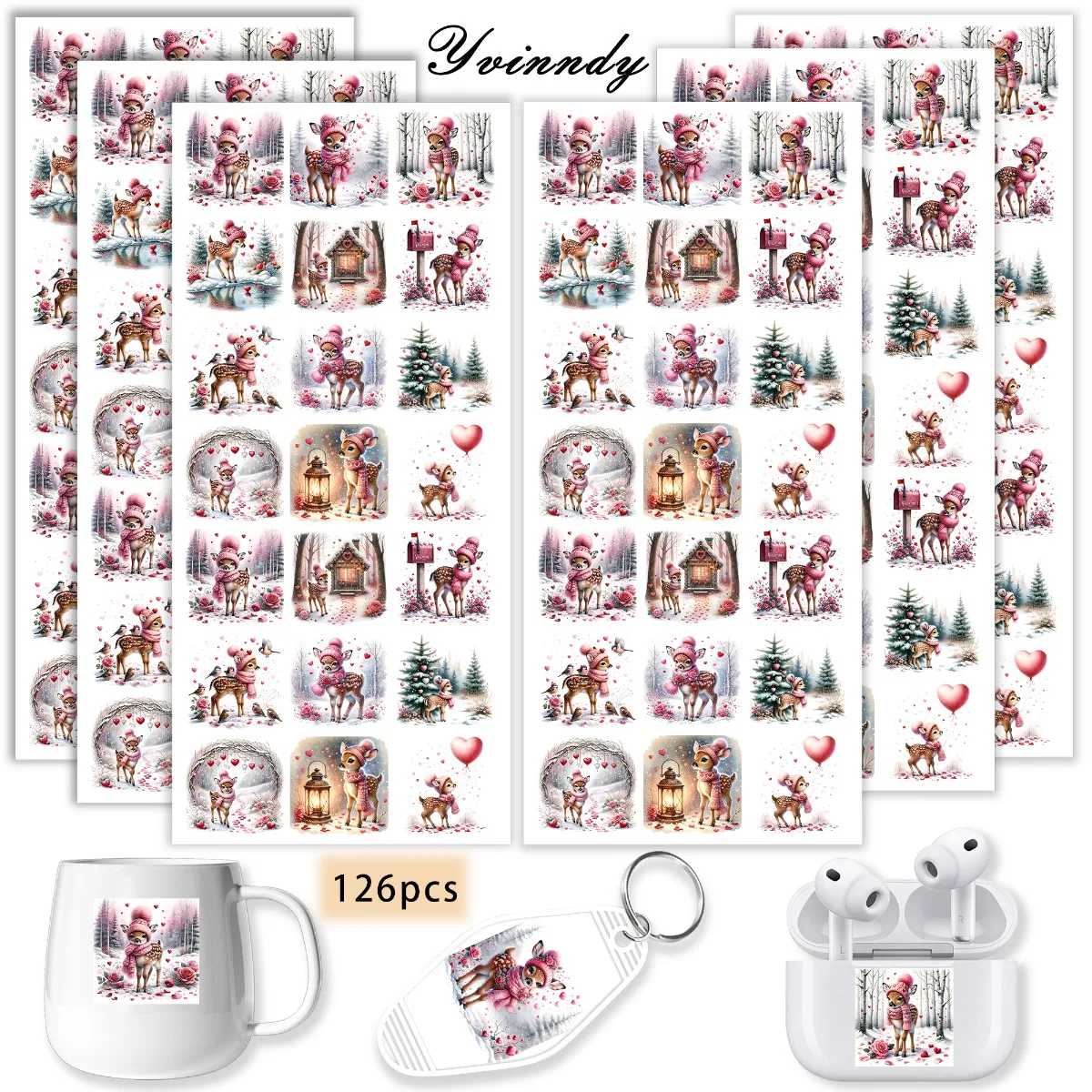 UV-DTF-Transferfolien-Aufkleber 126 Sets Valentinstag Wald Rotes Reh UV-DTF-Aufkleber