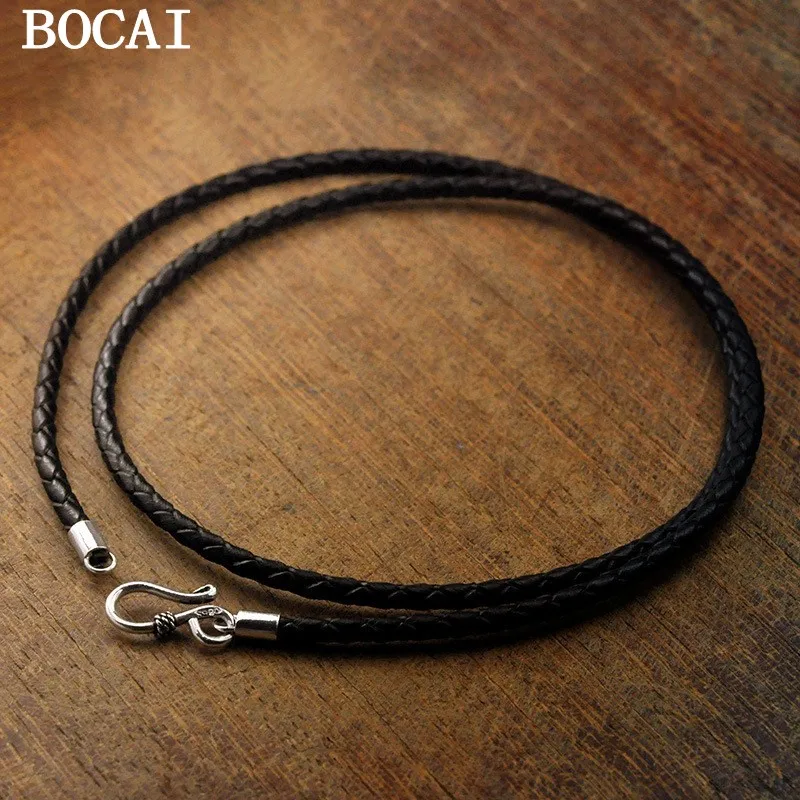 S925 Sterling Silver Necklace for Men Women Couple Style Wax Rope Braided Cowhide Rope Clavicle Chain Fine Jewelry Wholesale
