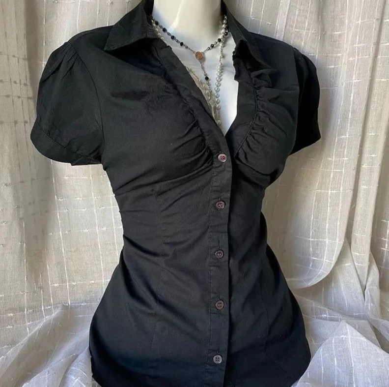 

Новая черная женская рубашка с v-образным вырезом в стиле ретро, модный топ Harajuku Goth, обтягивающий талию и утягивающий