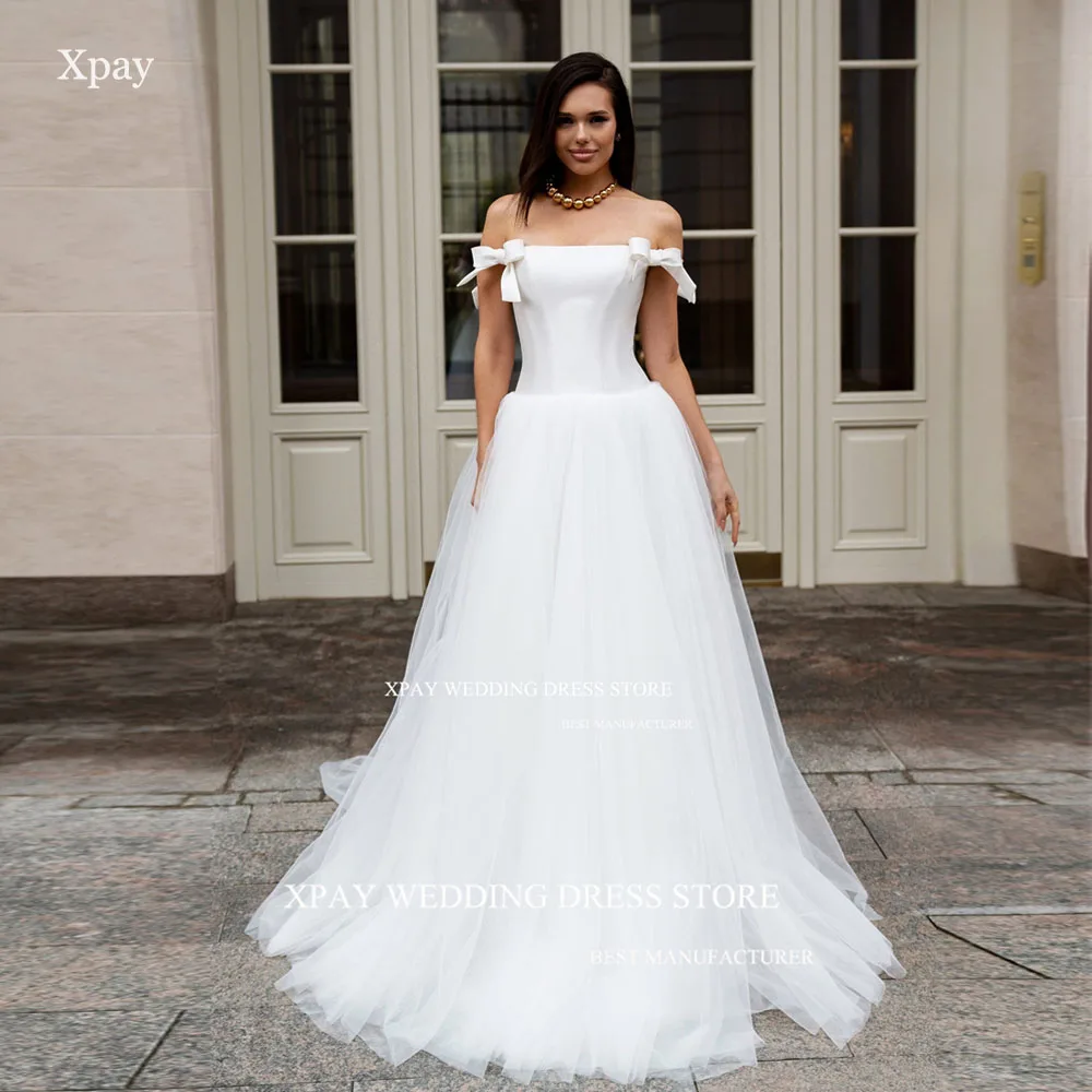 XPAY Off Shoulder A Line Wedding Dreses 2025 Satin Tulle Backless Customized Bride Dress Backless Floor Beach Boho Bridal Gown