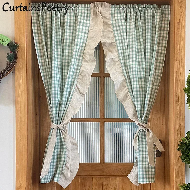 Buffalo Check Short Curtain Green Plaid Gingham Ruffle Trimmed Farmhouse Shabby Door Curtains for Bedroom Living Room Home Decor
