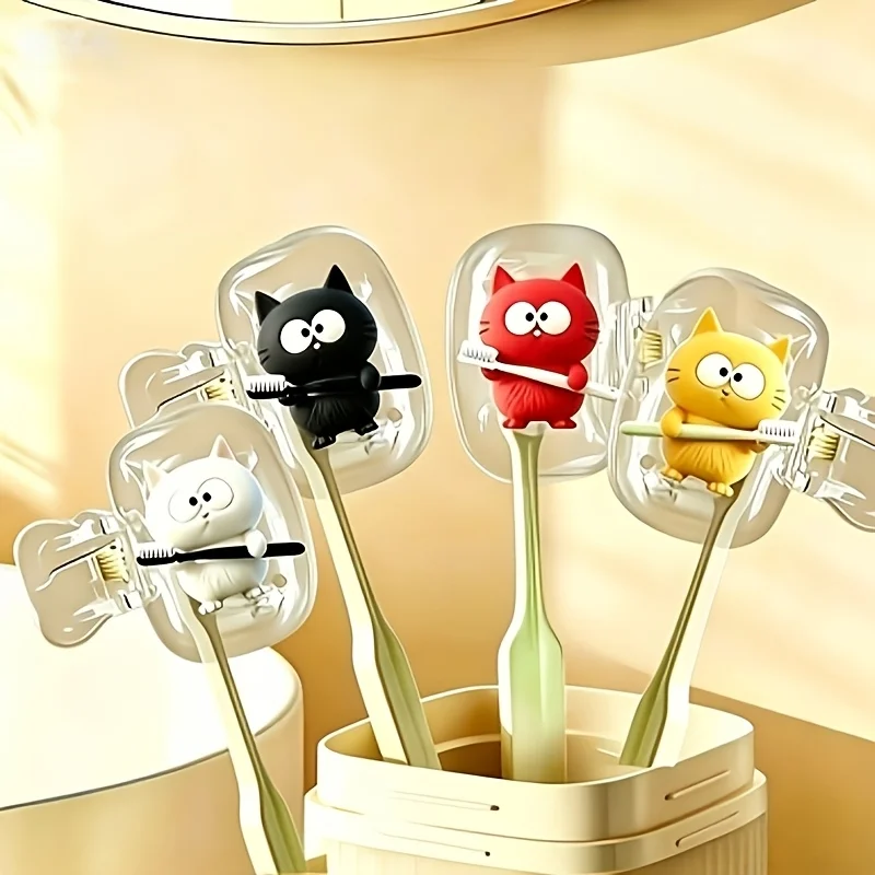 4pcs Cute Kitten Toothbrush Head Covers Toothbrush Clips Portable Set Home Toothbrush Protector Party Souvenirs Gifts For Family