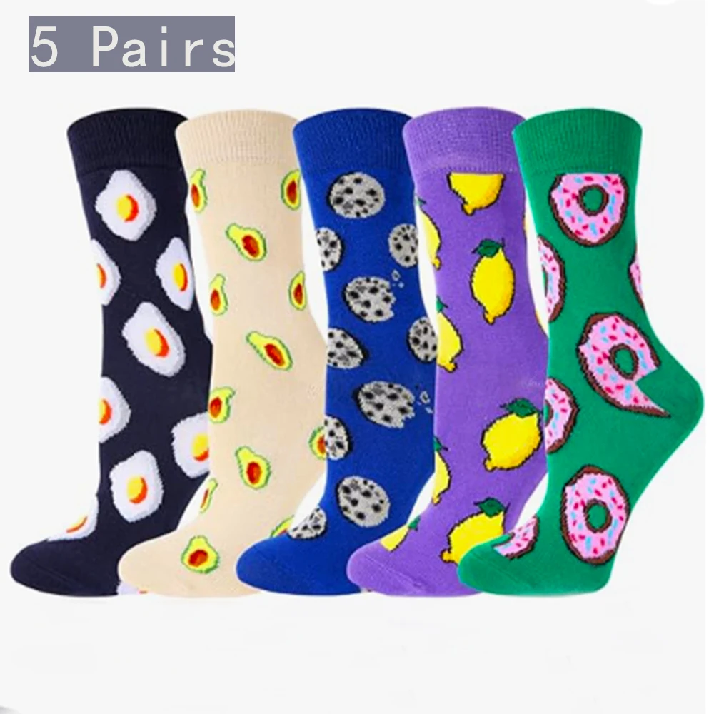 

5 Pairs/Set Women Socks Funny Cute Cartoon Fruits Lemon Cookie Donuts Food Happy Japanese Harajuku Skateboard Socks
