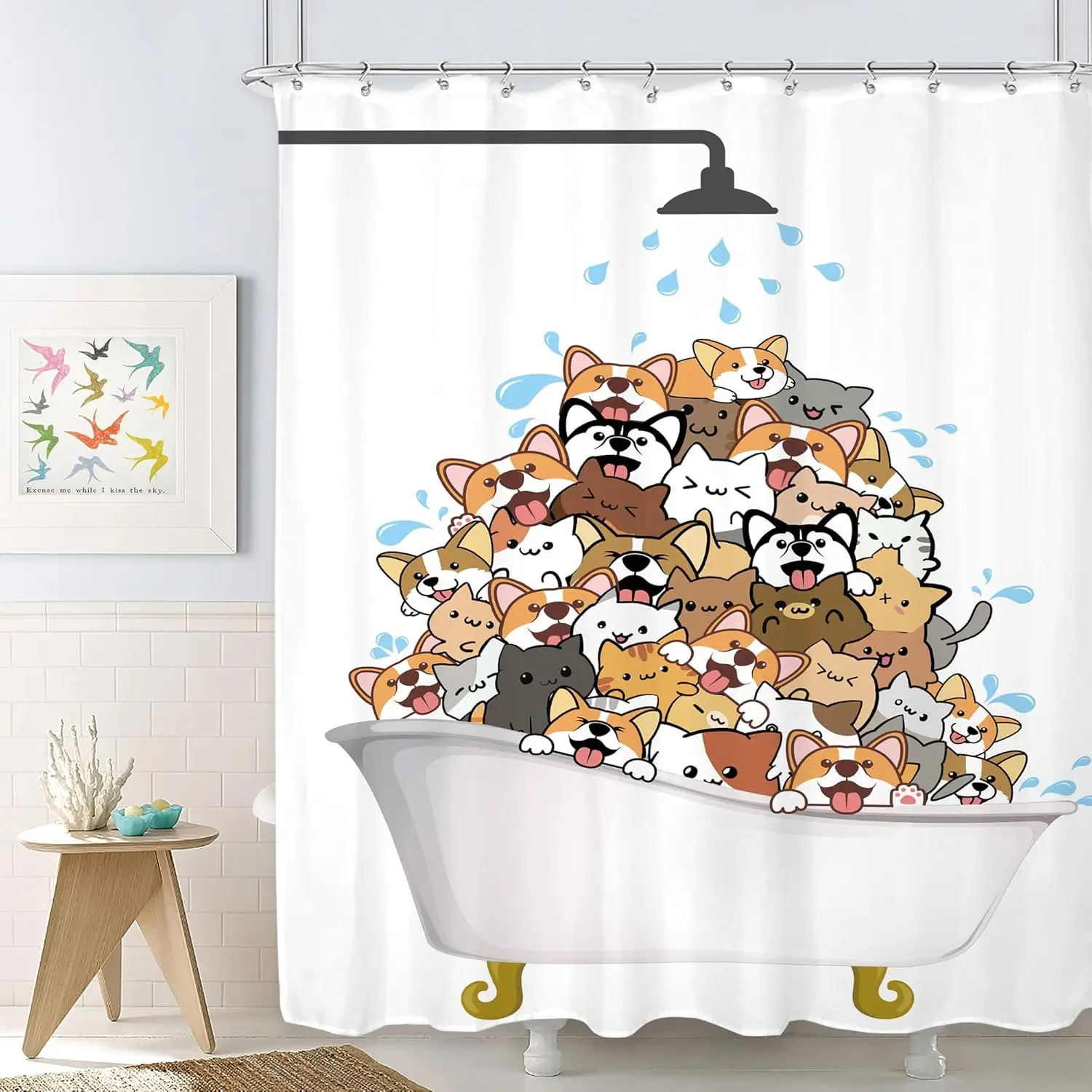 Cute Animals Bathing Cats Dogs Cartoon Shower Curtain Bath Head Bathtub Pattern Kids Child Bathroom Decor Polyester Bath Curtain