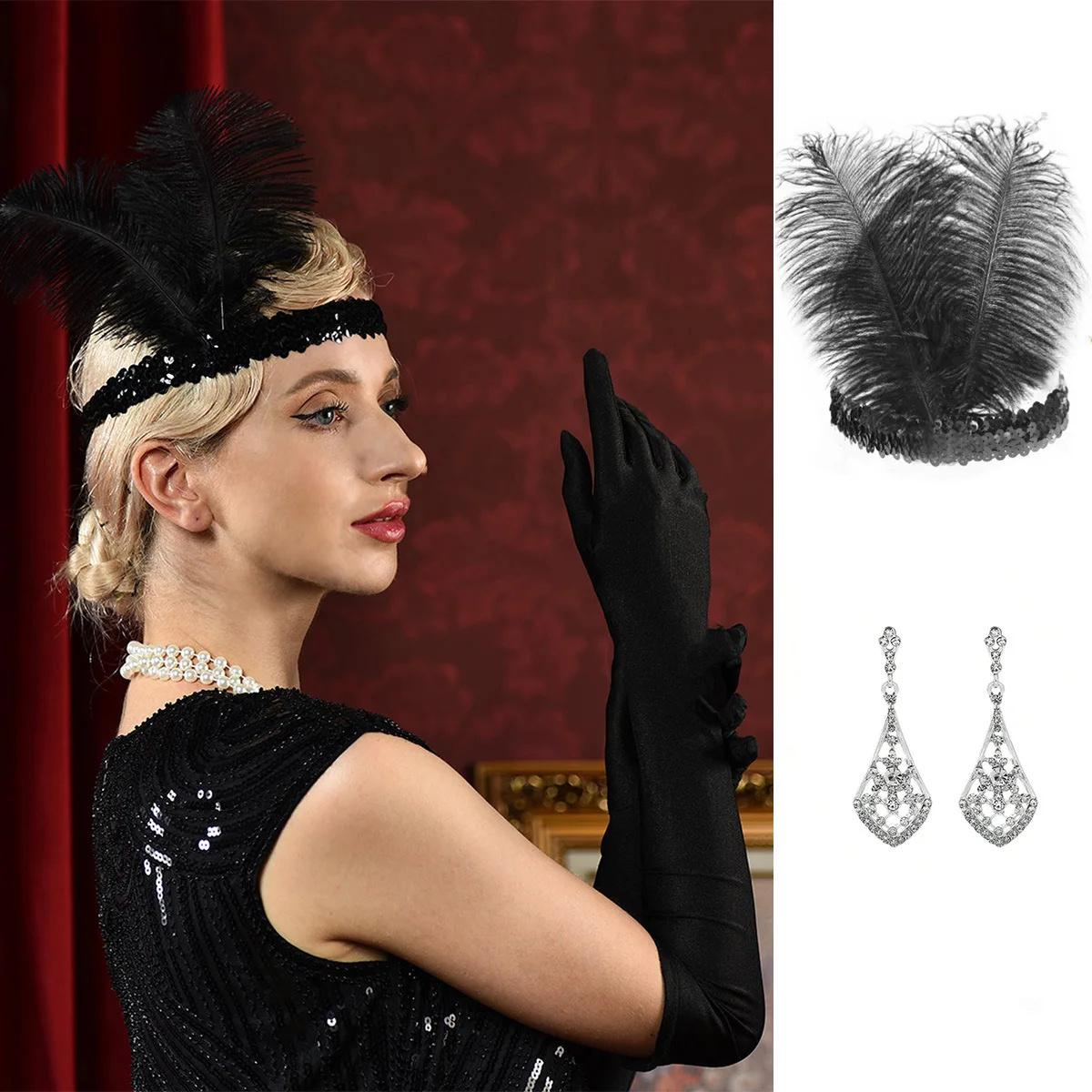 2 stücke Frauen große Gatsby Single Party Feder Haar Zubehör Ohrringe Make-up Ball Dinner Party Leistung Haar Zubehör