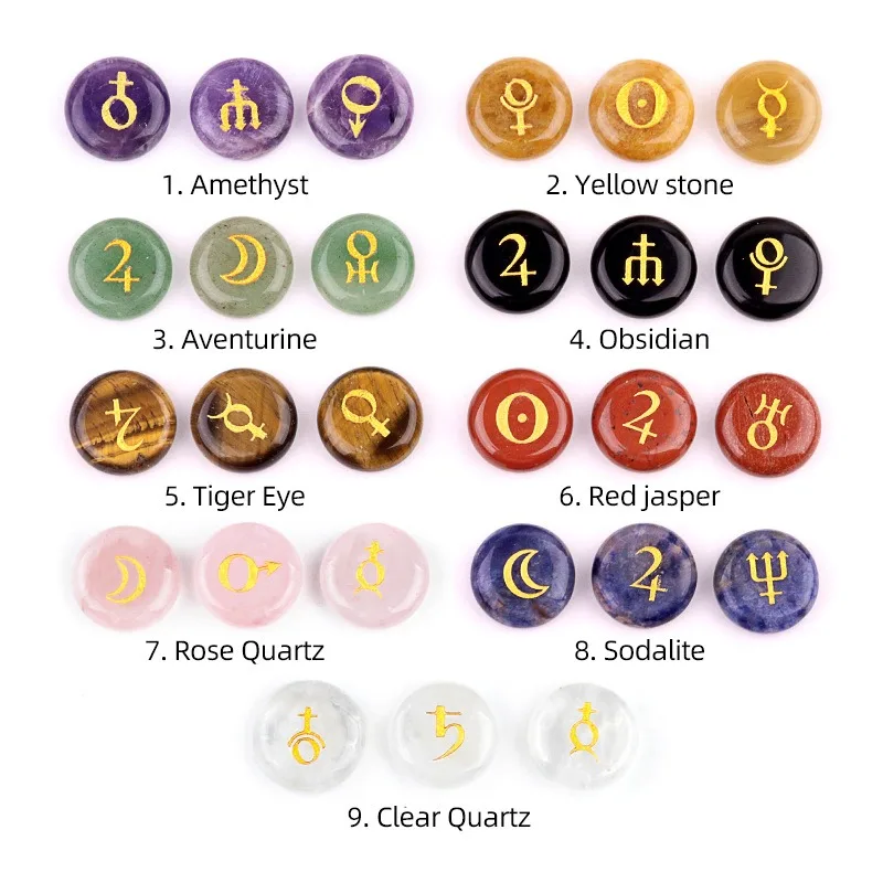 10PCS 18mm Astrology Planet Symbol Rune Stone Beads Set Obsidian Amethyst Tiger Eye Rose Quartz for DIY Healing Accessories
