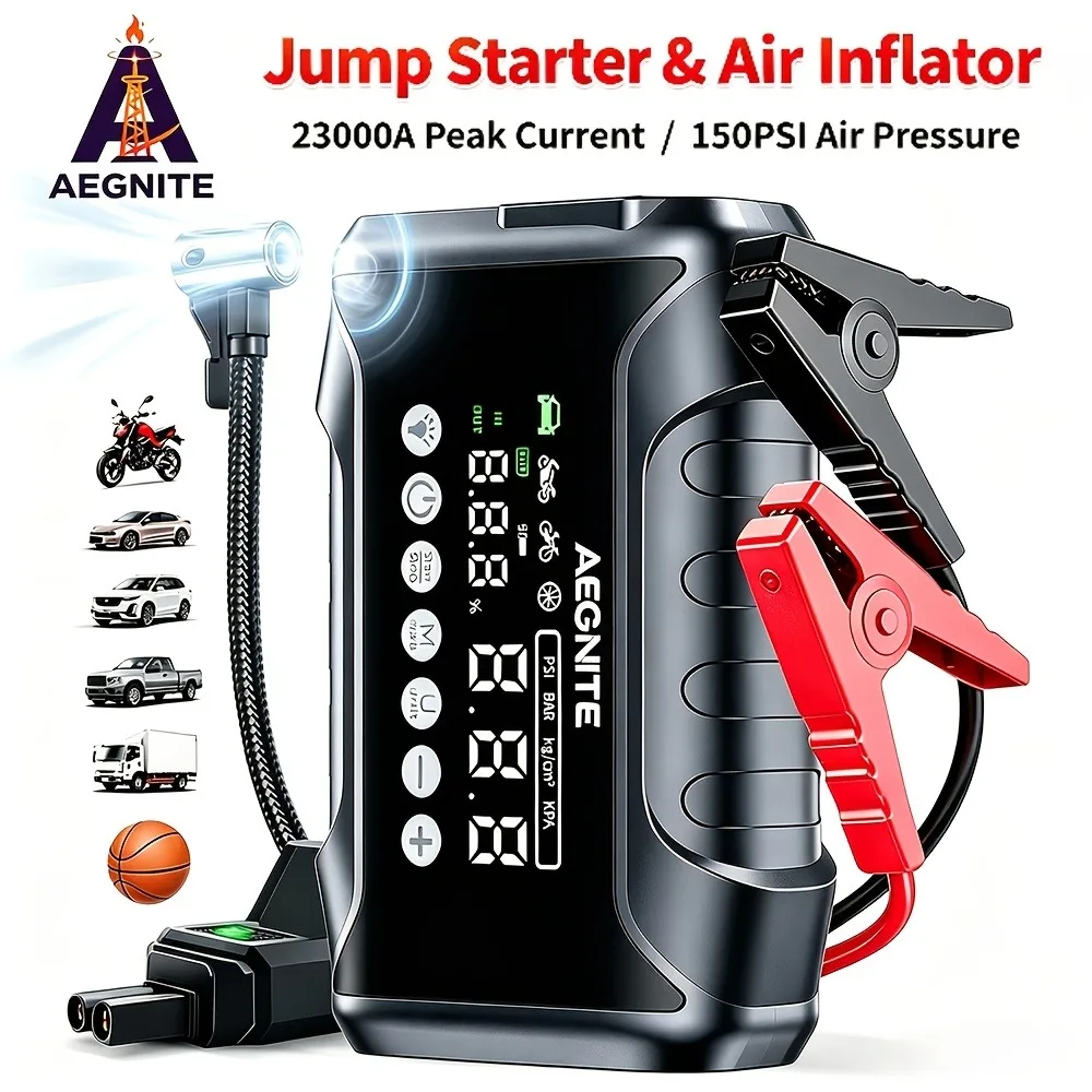 AEGNITE 23000A 10-in-1 Portable Car Emergency Start Jump Battery Charger 12V with Optional 150PSI Air Pump LED Light USB Type-C & USB Output Quick Charge