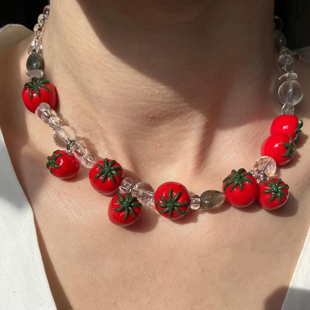 New Colorful Beaded Fruit Stackable Bohemian 3D Fruit Choker Adjustable Tomato Pendent Fruit Charms Necklaces Jewelry